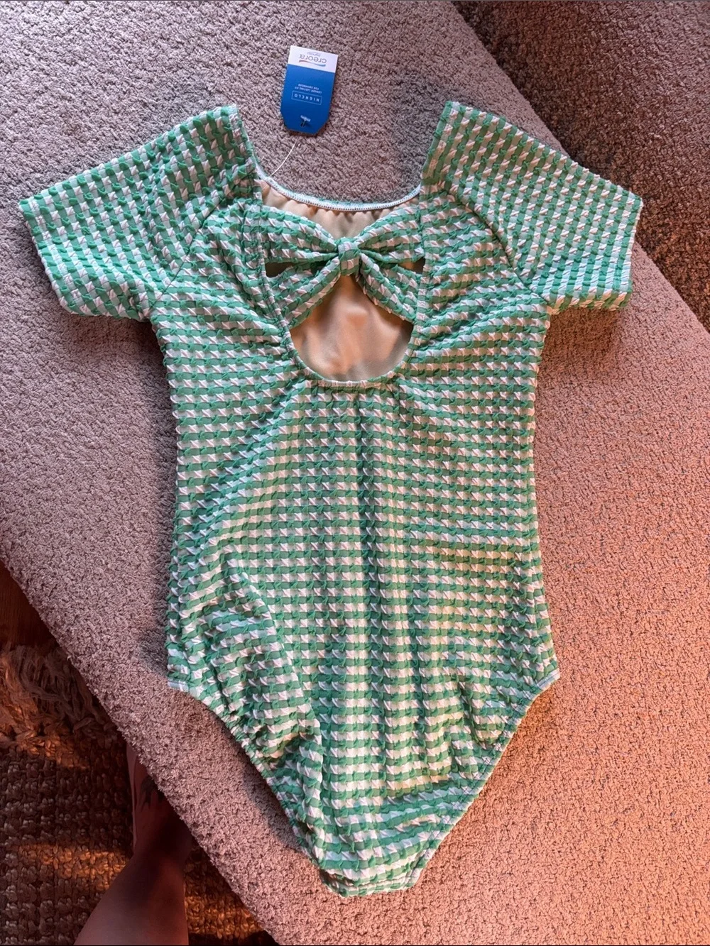 Lands' End Kids One-Piece Swimsuit in Green and White